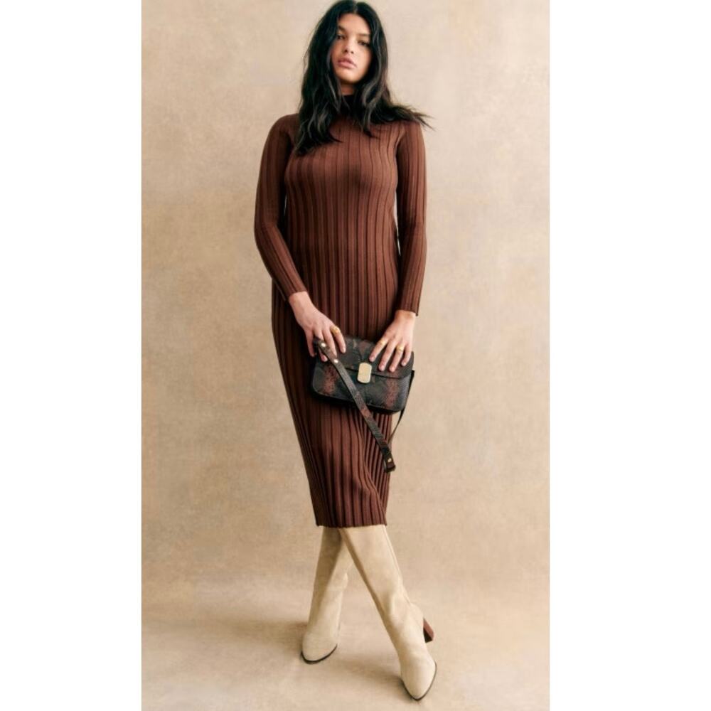 Sezane Katrina Merino Wool Ribbed Midi Long Sleeve Mock Neck Sweater Dress Large